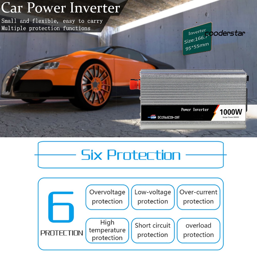 Bộ Chuyển Đổi Năng Lượng Mặt Trời Từ DC 12V / 24V Sang AC 110V / 220V 1000W Cho Xe Hơi