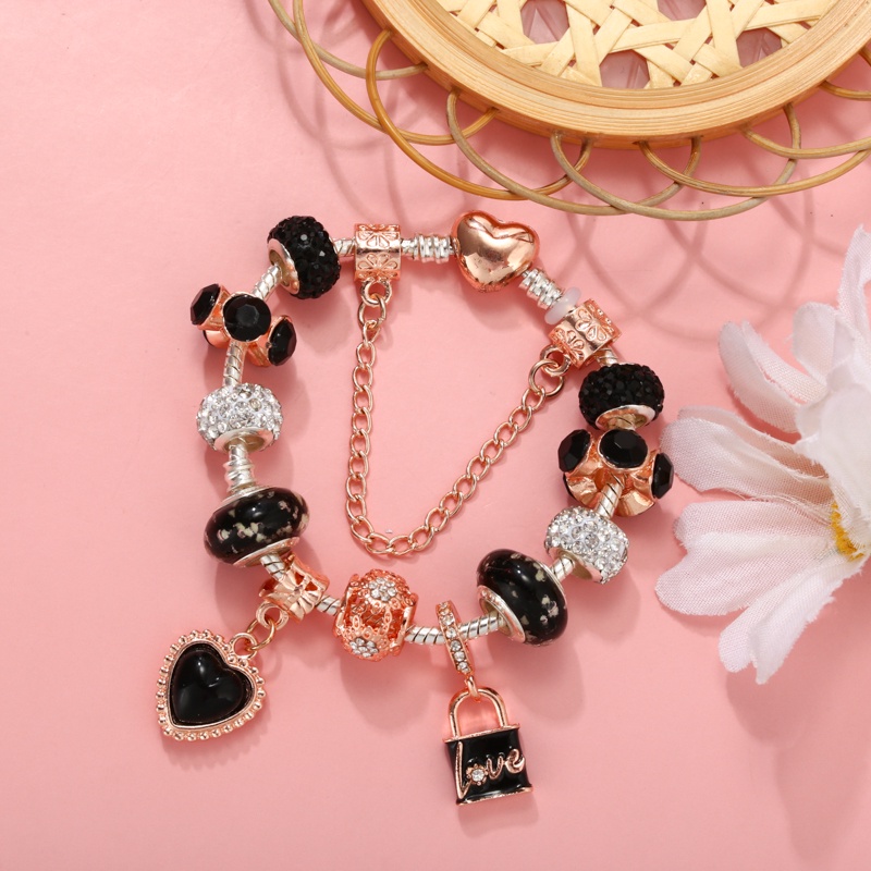 Vòng Tay Chuỗi Hạt Màu Vàng Hồng Mặt Hình Trái Tim Và Trái Tim Bằng Hợp Kim Màu Đen Thời Trang Cho