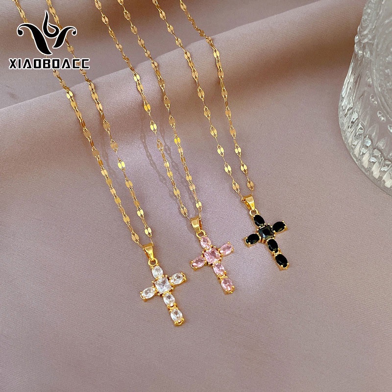 XiaoboACC Vòng cổ Thép Titan Mặt Thánh Giá Đính Đá Zircon Thời Trang Cho Nữ