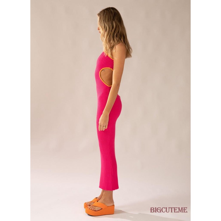 [] - Đầm Dài Dáng Ôm Không Dây Hở Vai Cắt Gân Màu Sắc Tương Phản Dành Cho Bạn Nữ