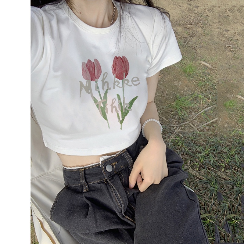 Áo Thun Lửng Ngắn Tay In Hoa Thời Trang Nữ Tính