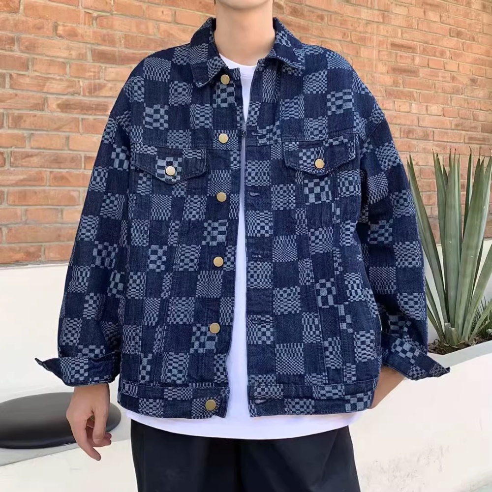 Áo Khoác Denim Dáng Rộng Họa Tiết Kẻ Ô Đen Phong Cách Retro Nhật Bản Cho Nam Giới