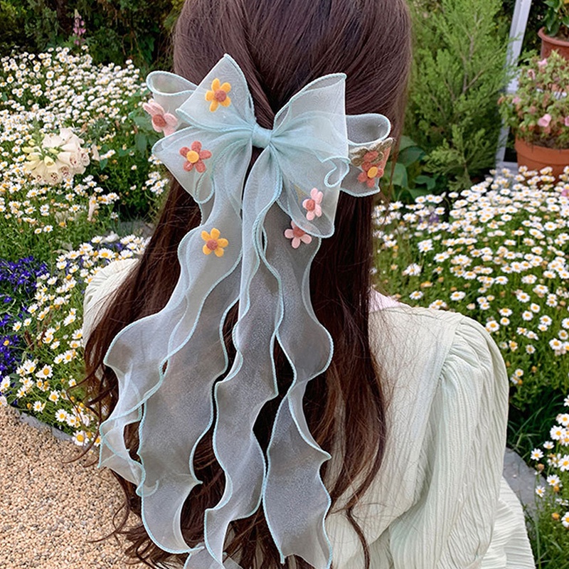 Kẹp Tóc Ruy Băng Dài Hình Bông Hoa Màu Sắc Xuân Hè Dễ Thương Cho Bé Gái