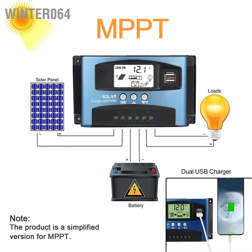 Winter064 Bộ điều khiển sạc năng lượng mặt trời MPPT 40/50/60/100A Màn hình LCD kép USB 12V 24V