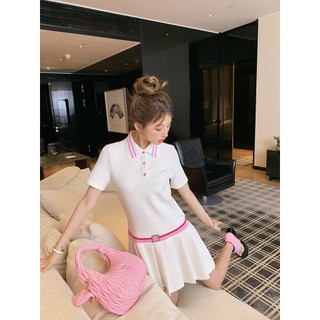 RLGJ MIU MIU 2023 spring and summer new letter printing design contrast color lapel low waist pleated short sleeve polo dress women's fashion