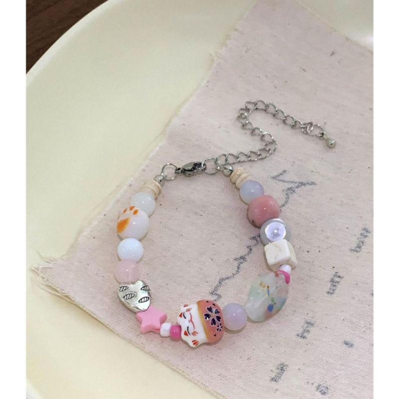 Vòng Tay Chuỗi Hạt Thiết Kế Mèo May Mắn Hoạt Hình Dễ Thương Ngọt Ngào Dễ Phối Đồ niche Cho Nữ
