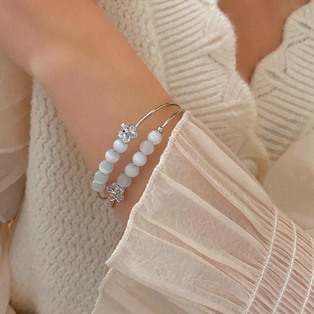 OCEANMAP Vòng Đeo Tay Dạng Mở 2 Lớp Xâu Hạt Mắt Mèo Màu Bạc Phong Cách Hàn Quốc Cổ Điển