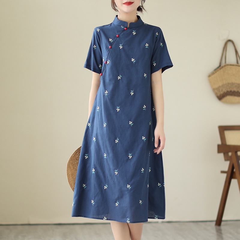Đầm Sườn Xám cotton Dáng Chữ a Thêu Họa Tiết Phong Cách Trung Hoa Cổ Điển Thời Trang Mùa Hè Xinh Xắn Cho Nữ