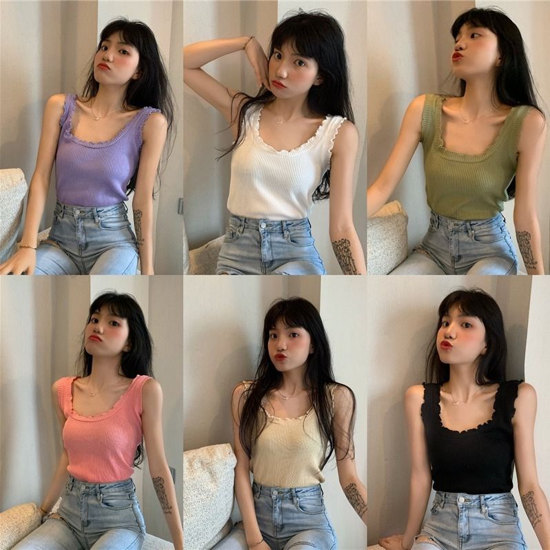 COZOK Áo Dệt Kim Sát Nách Màu Trơn Dáng Ngắn Ôm Sát Gợi Cảm Trẻ Trung Phong Cách Hàn Quốc