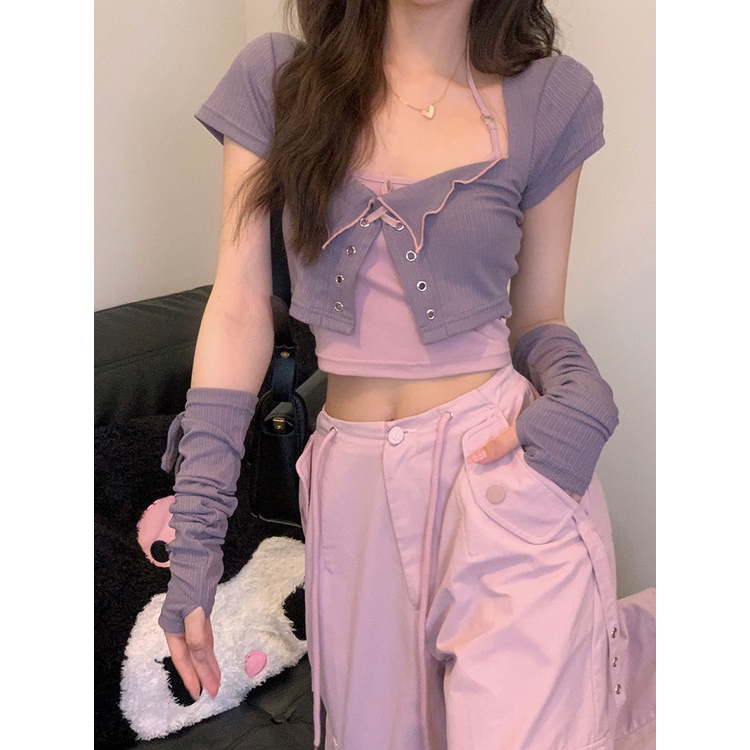 COZOK Bộ Áo cardigan Ngắn Tay + Áo Sát Nách Thời Trang Quyến Rũ Cho Nữ