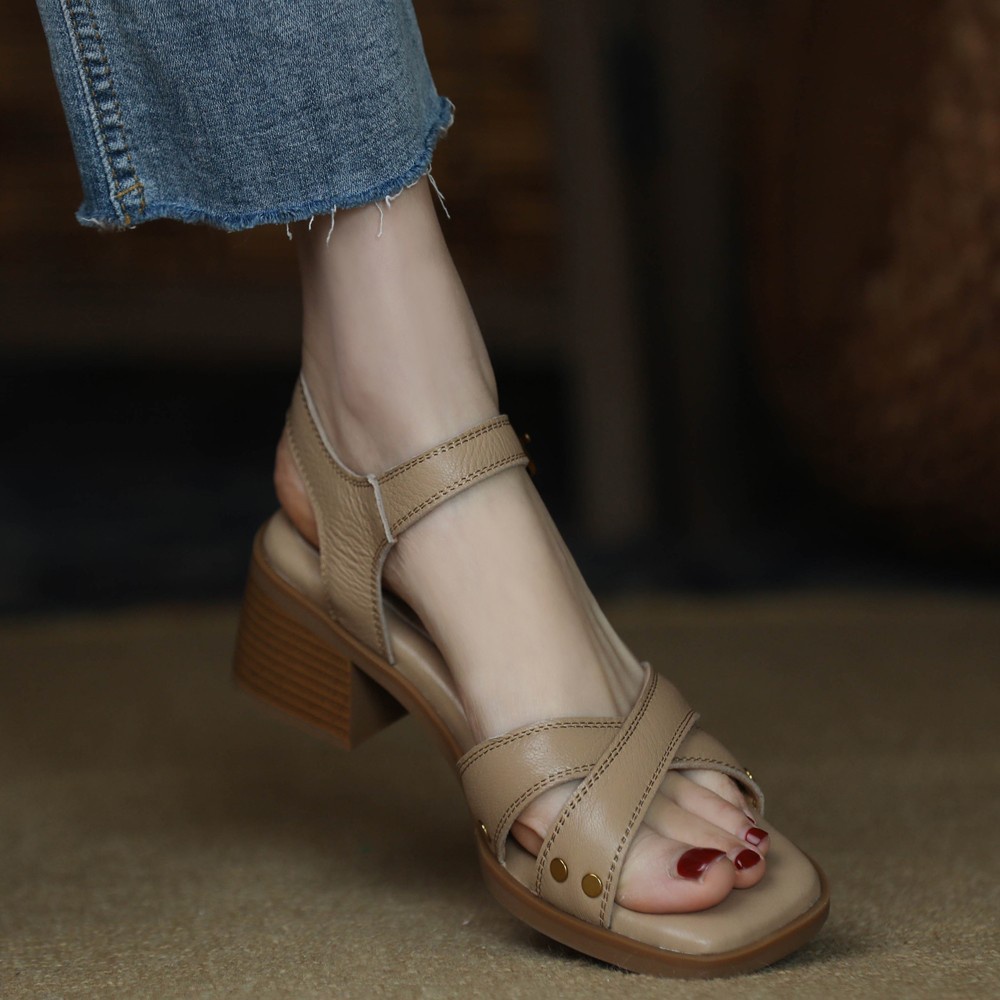 Duoya Tóc Thẳng ~ [Hàng Có Sẵn] Giày Sandal Cao Gót Hở Ngón Quai Chéo Bằng Da Mềm Hở Ngón Dành Cho Nữ Miễn Phí Vận Chuyển