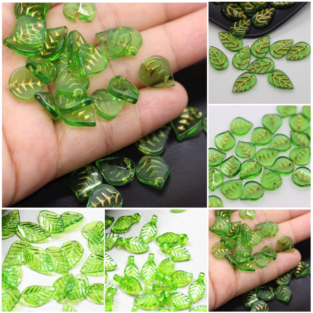 Set 50 Hạt Thủy Tinh Màu Vàng Lá / Xanh Lá Làm Đồ Trang Sức Thủ Công DIY