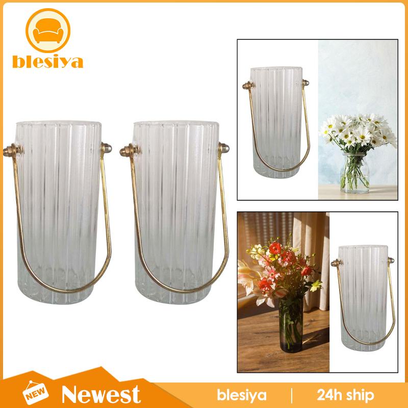 Bình Hoa Thủy Tinh Trong Suốt Hình Trụ Với Tay Cầm Kim Loại