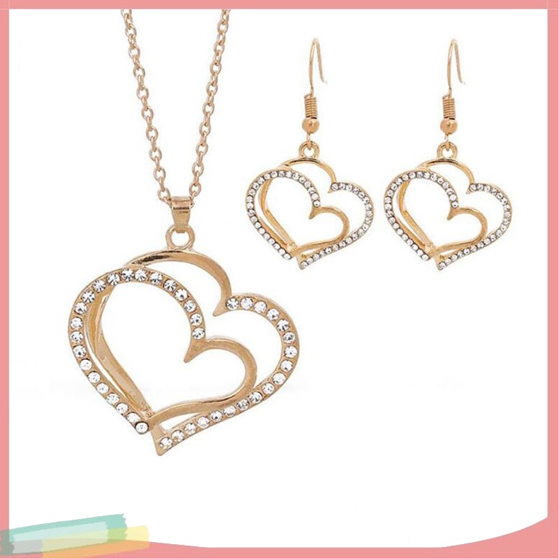 Bộ Vòng cổ + Đôi Khuyên Tai HìNh TráI Tim ĐíNh Kim Cương Giả ThờI Trang Cho Nữ