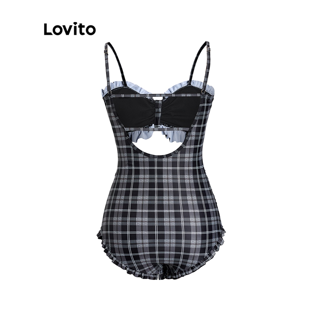 Đồ bơi một mảnh Lovito cắt xẻ kẻ sọc viền nhún bèo dễ thương buộc dây miếng đệm tháo rời được cho nữ L50AD007 (đen)