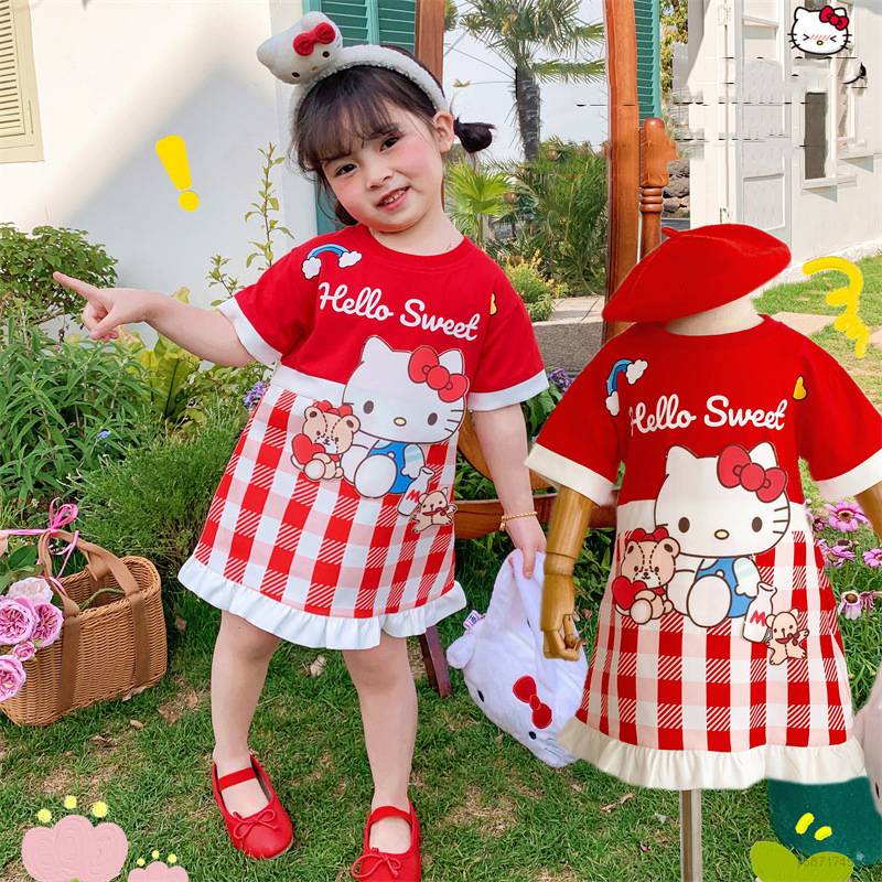 SANRIO Đầm Họa Tiết Sọc Caro Đính Nơ Phối Ren Dễ Thương Thời Trang Mùa Hè Cho Bé Gái