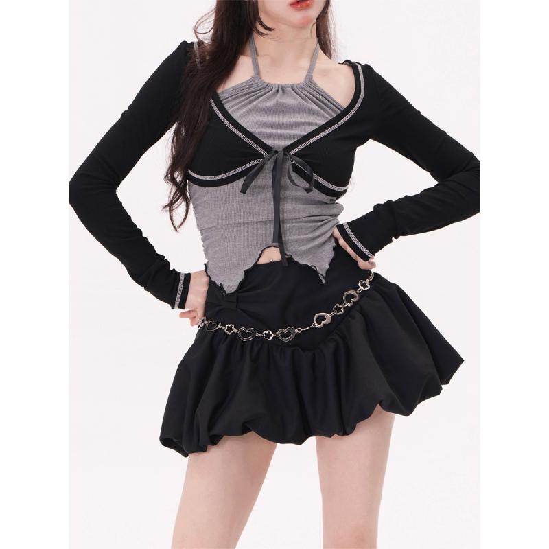 Set Áo Thun Tay Dài Dáng Ngắn Phối Chân Váy Ngắn Thời Trang Mùa Hè Xinh Xắn Cho Nữ