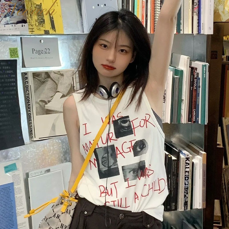 Áo Nữ Không Tay Cổ Tròn Họa Tiết Vẽ Tay Phong Cách Hong Kong Thời Trang Mùa Hè Mới