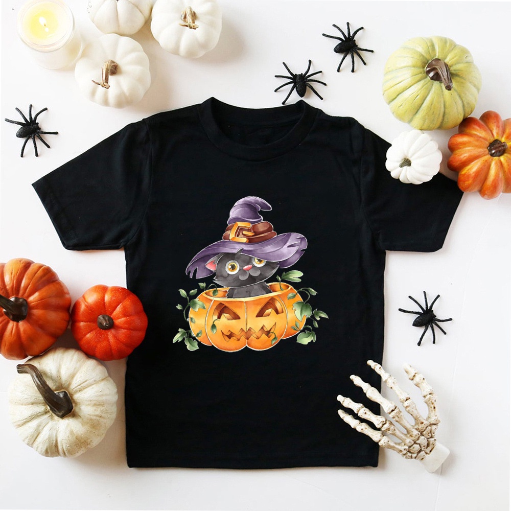 Halloween Áo Thun Thường Ngày Bé Trai Bé Gái Đen Tay Ngắn Cổ Tròn Halloween Bí Ngô Mèo In Hình Halloween Đảng Quần Áo