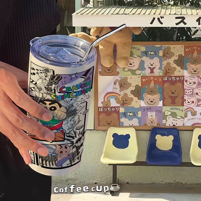 Bình Nước Giữ Nhiệt Bằng Thép Không Gỉ Họa Tiết Hoạt Hình Cậu Bé Bút Chì Shin-Chan Kèm Ống Hút