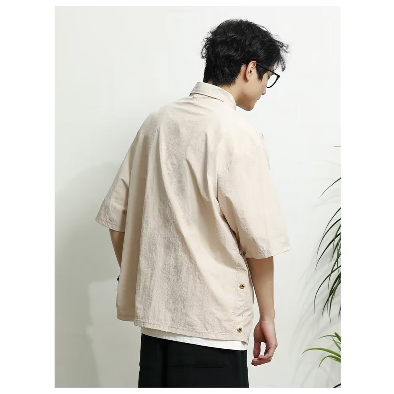 Áo Sơ Mi Xanh Navy Ngắn Tay Dáng Rộng Phong Cách Retro Mùa Hè Cho Nam Nữ