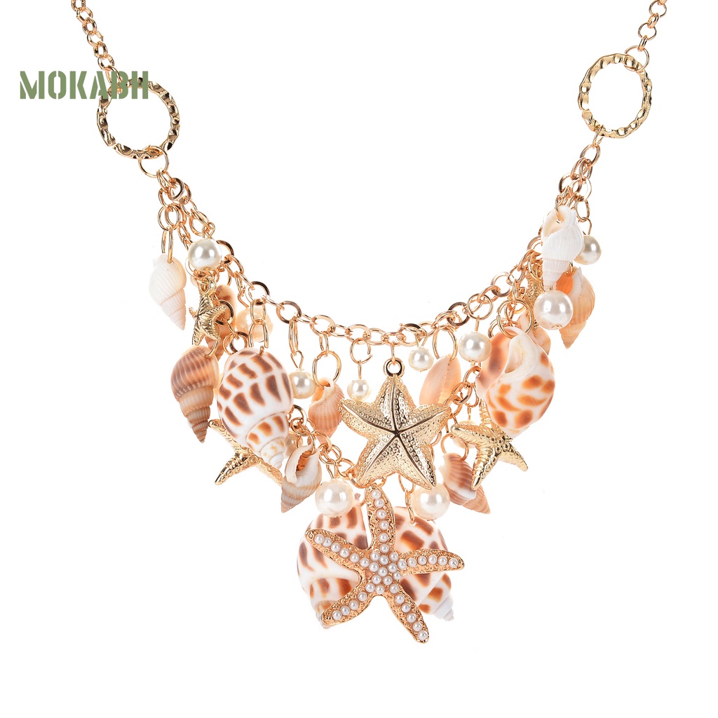 [Mok Abh] Vòng Cổ Nhiều Lớp Họa Tiết Hình Vỏ Sò Và Sao Biển Đính Ngọc Trai Nhân Tạo