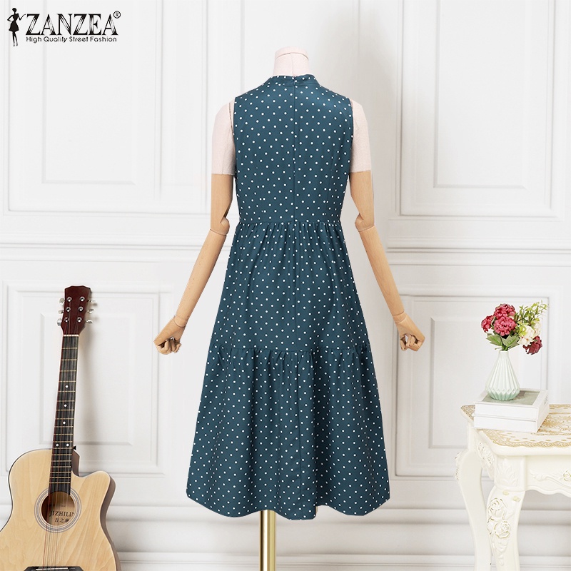 ZANZEA Đầm Dài Không Tay Cổ Đứng Họa Tiết Chấm Bi Thời Trang Hàn Quốc Cho Nữ