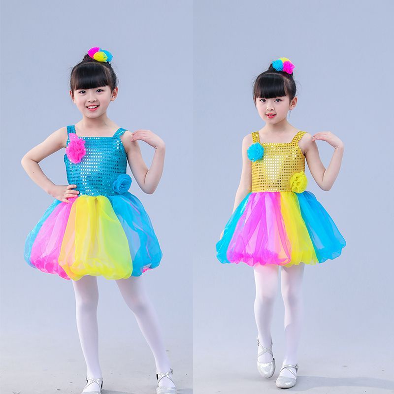 Trẻ em trẻ em váy pettiskirt biểu diễn trang phục cô gái công chúa váy hợp xướng mẫu giáo khiêu vũ váy lưới sequined váy biểu diễn mặc