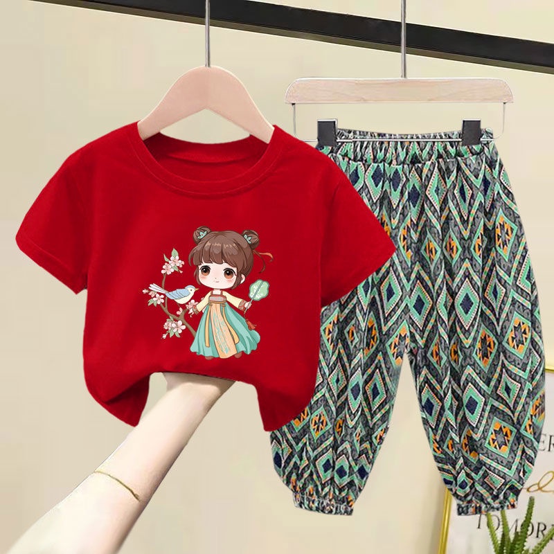 Set Đồ Mùa Hè 2 Món Gồm Áo Thun Cotton Tay Cộc + Quần Dài Cho Bé Gái