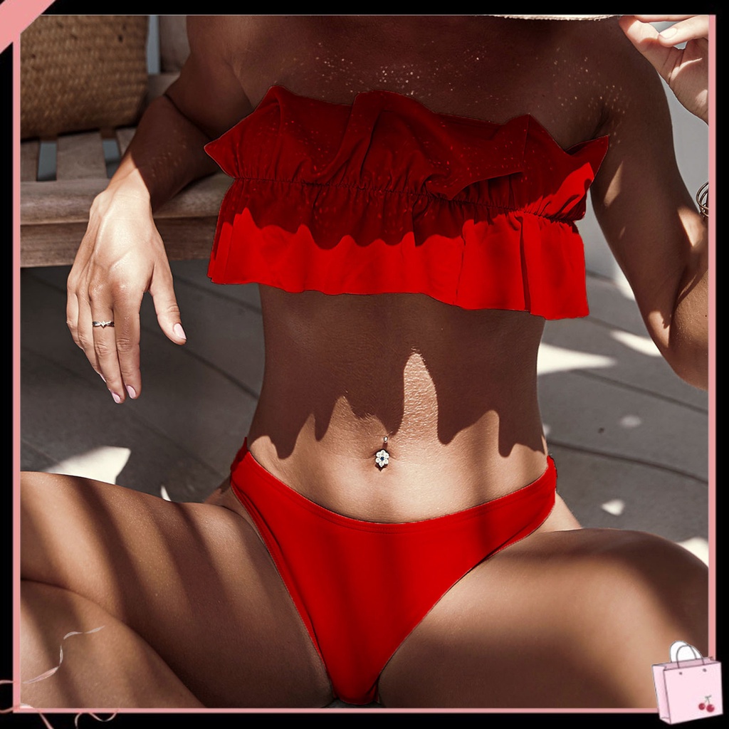 Bộ Bikini 2 Mảnh Màu Trơn Lưng Cao Trễ Vai Gợi Cảm Cho Nữ