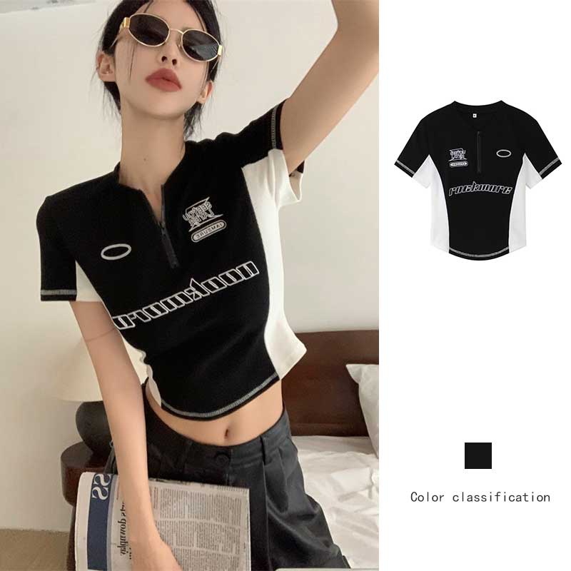 Áo Thun Ngắn Tay Dáng Ôm Thêu Họa Tiết Tương Phản Thời Trang Mùa Hè Mới Cho