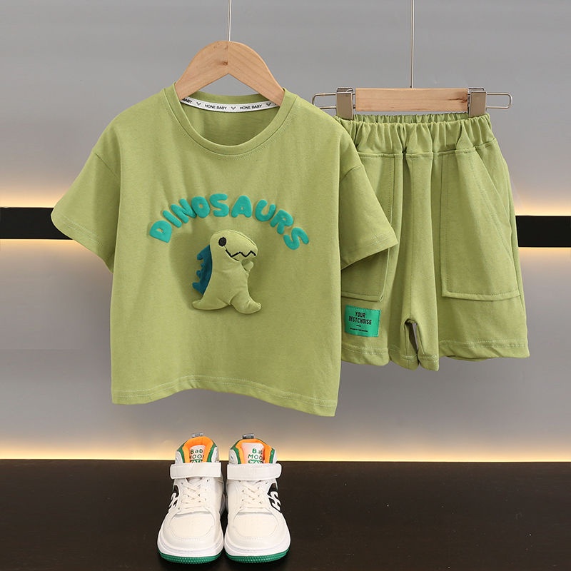 Bộ Áo Thun Cotton Tay Ngắn In Hình Khủng Long + Quần Short Thời Trang Mùa Hè 2023 Mới Cho Bé Trai