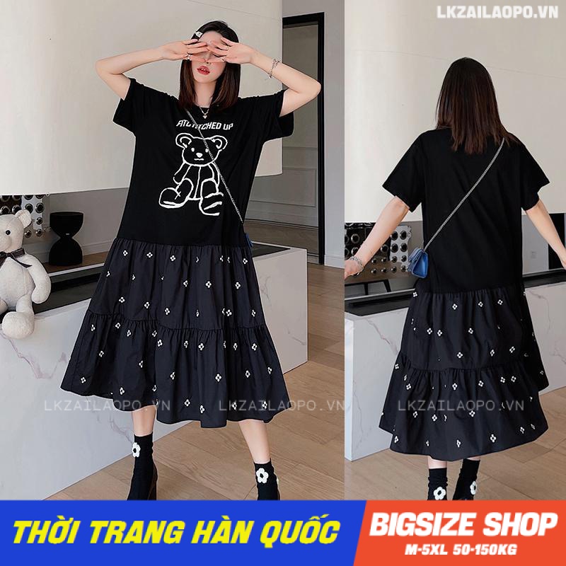 Váy đầm nữ Bigsize Đầm thun suông dáng suông tay ngắn cổ tròn in hình mùa hè Phong cách Hàn Quốc Thời Trang cá tính xinh đẹp cho người mập béo nữ