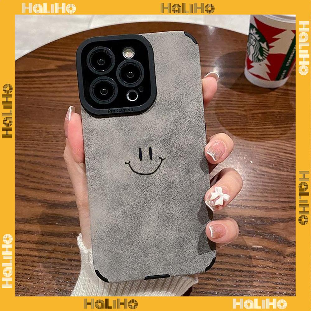 Ốp Lưng iPhone 11 Vỏ Da Veneer Màu Xám Vỏ Lông Học Trò Mềm Vỏ Điện Thoại Chống Sốc Biểu Tượng Cảm Xúc Nhỏ Mặt Cười Đơn Giản Tương thích với iPhone 14 Pro max 13 Pro max 12 Pro Max XR XS 7Plus 8Plus