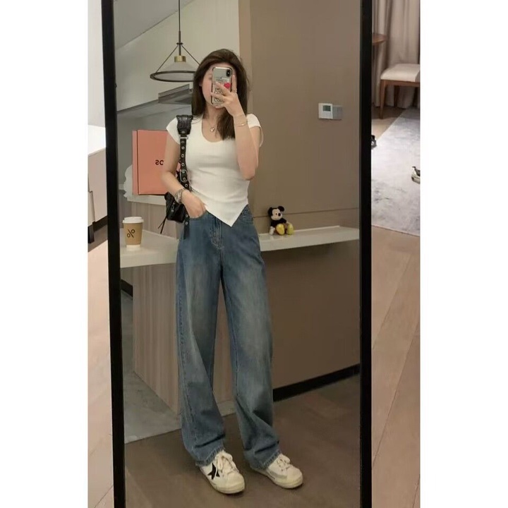 Áo Thun Cotton Tay Ngắn Cổ Chữ U Lệch Tà Thời Trang Mùa Hè Cho Nữ
