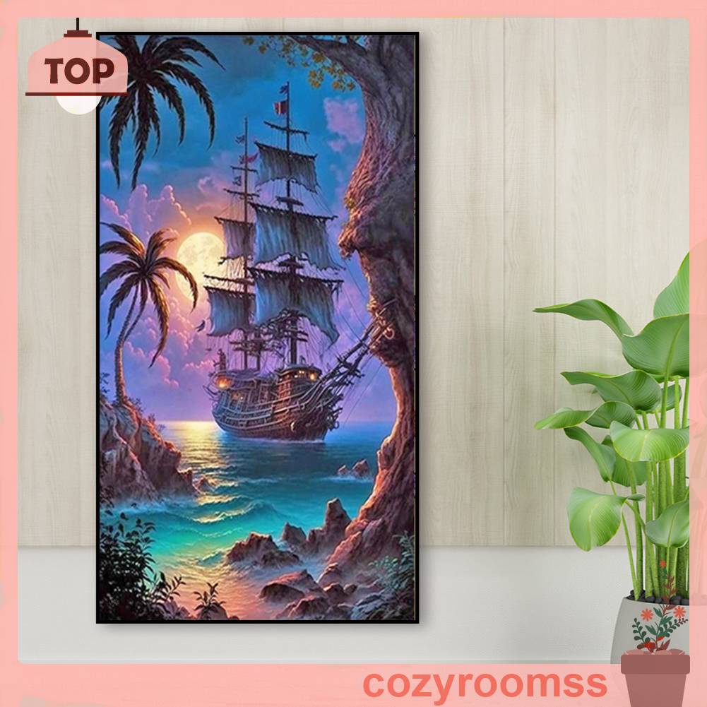 Tranh Đính Đá Kim Cương Toàn Bộ 5D DIY Hình Vẽ Thuyền Buồm Trang Trí Nhà Cửa