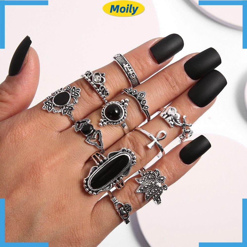 MOILYVN Set 11 Nhẫn Đính Đá Đen Phong Cách Gothic Cho Nữ