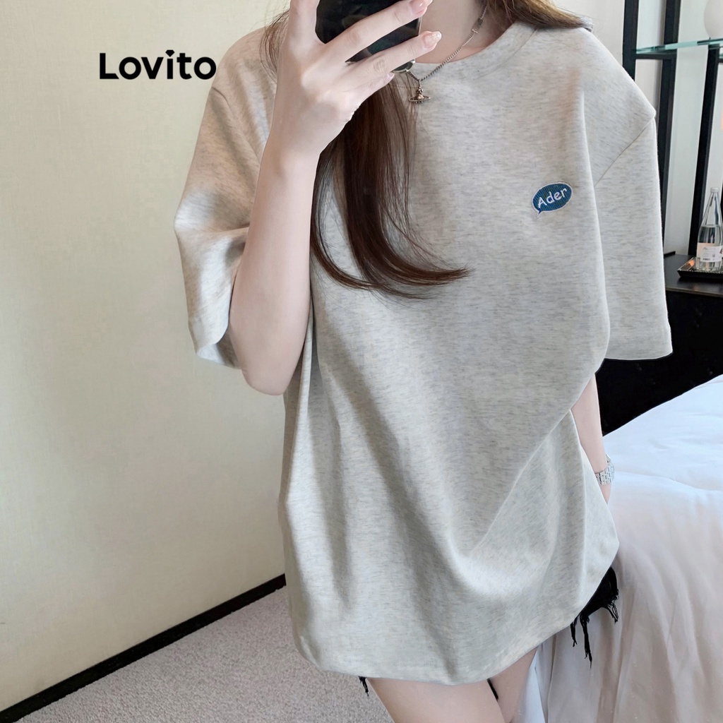 Áo thun Lovito tay ngắn cổ tròn thêu hoạt hình thường ngày cho nữ LNA06194
