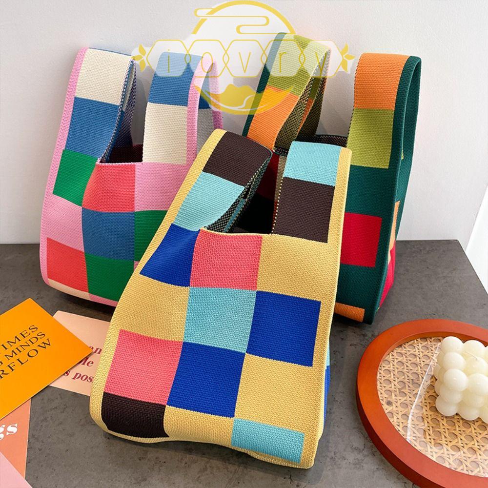 Túi Đựng Hộp Cơm Trưa / Mỹ Phẩm Họa Tiết Kẻ Sọc Nhiều Màu Có Dây Đeo Cổ Tay Mini Có Thể Tái Sử Dụng