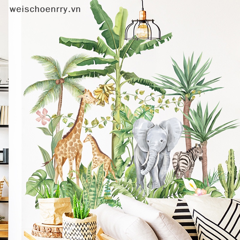 Giấy Dán Tường Vinyl In Hình Khỉ / Hươu Cao Cổ / Voi / Khỉ Hoạt Hình Trang Trí Phòng Khách DIY