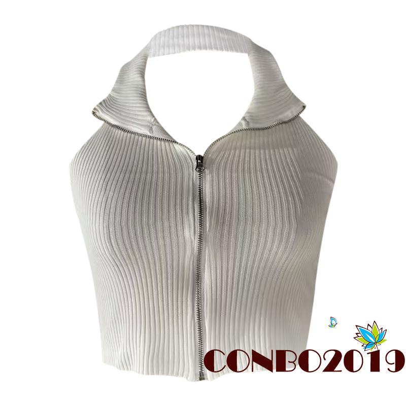 Áo Crop Top Dệt Kim Màu Sắc Đơn Giản Phối Khóa Kéo Thời Trang Mùa Hè Cho Nữ