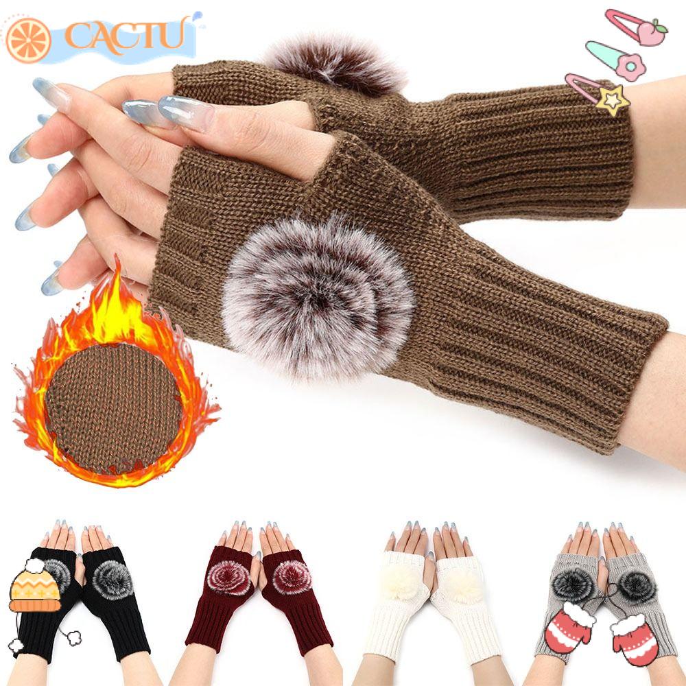 CACTU Găng Tay Len Hở Ngón Gắn Quả Bông Thời Trang