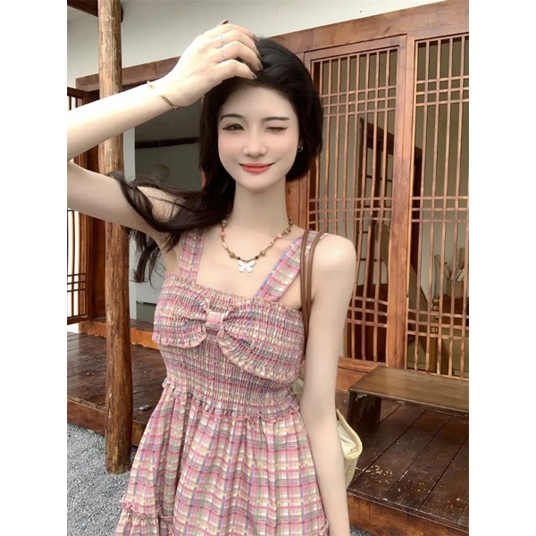 Đầm Midi Dáng Ôm Họa Tiết Kẻ Sọc Đính Nơ Phong Cách Pháp Thời Trang Mùa Hè Xinh Xắn Cho Nữ