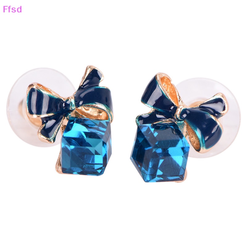 {Ffsd} Khuyên Tai Hình Nơ Tráng Men Đính Đá Pha Lê Xanh Dương Làm Quà Tặng Cho Nữ * Giảm Giá Hot