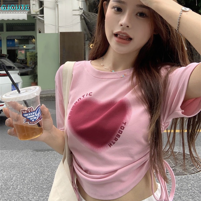 Áo Thun Crop Top Tay Ngắn Cổ Tròn In Hình Trái Tim Phối Dây Rút Thời Trang Mùa Hè Cho Nữ