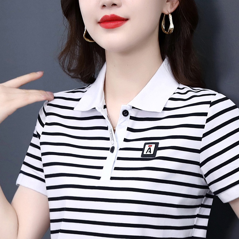 Áo Thun polo Cotton Ngắn Tay Họa Tiết Kẻ Sọc Trắng Đen Thời Trang Mùa Hè Cho Nữ  75841479#