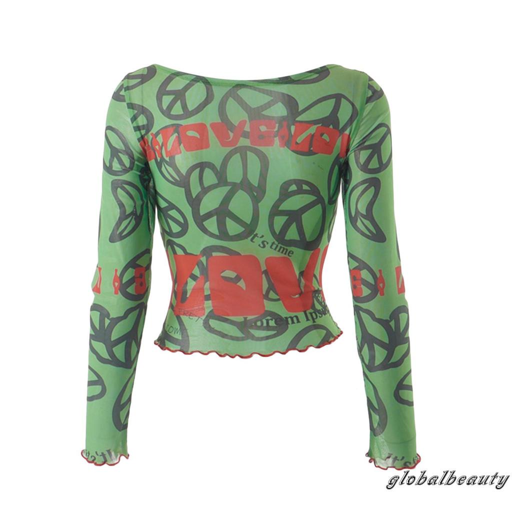 Áo Croptop Lưới Tay Dài In Chữ Nhìn Xuyên Thấu Phong Cách Đường Phố Cho Nữ