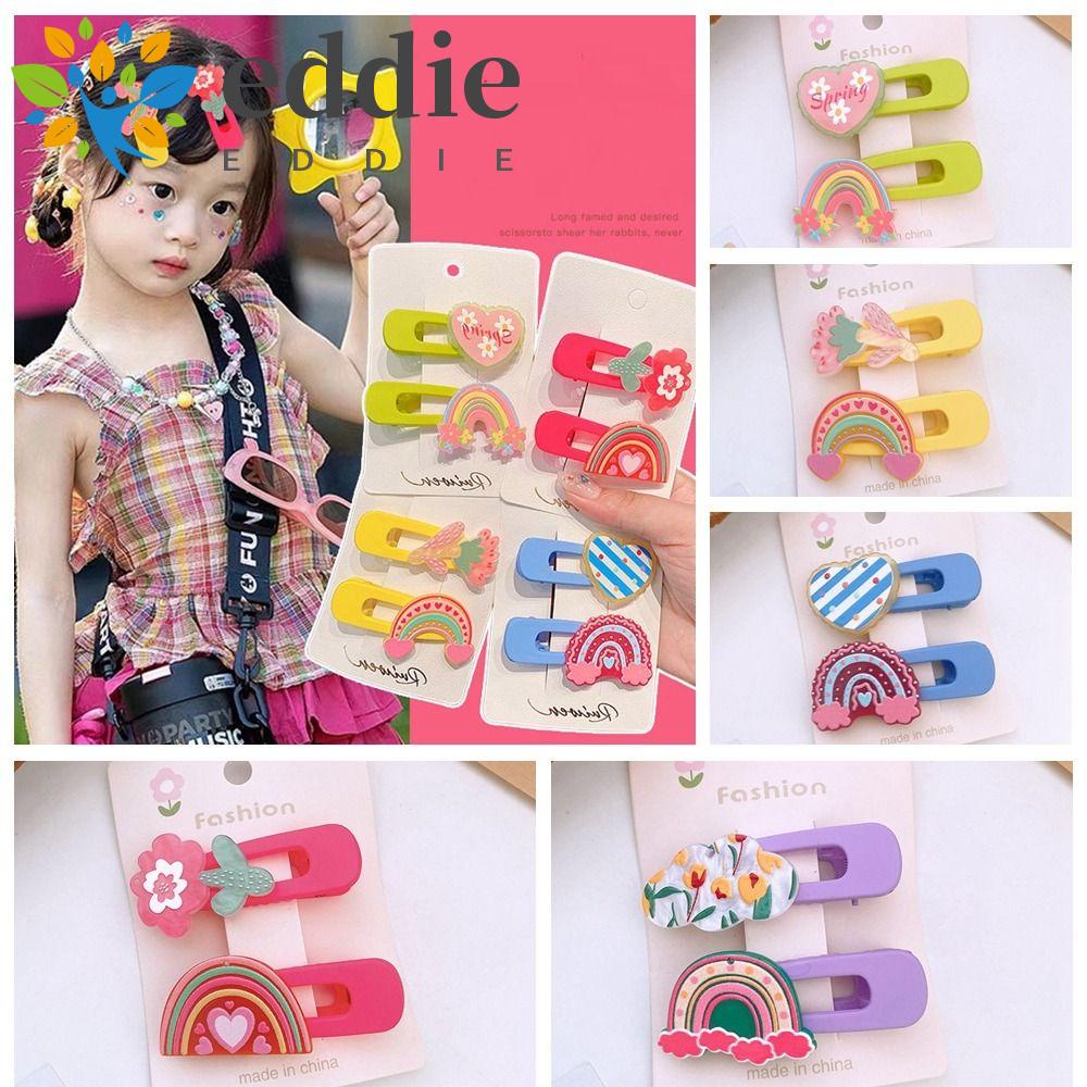 26EDIE Set 2 Kẹp Tóc Hình Trái Tim / Bông Hoa Màu Sắc Cầu Vồng Xinh Xắn Cho Bé Gái