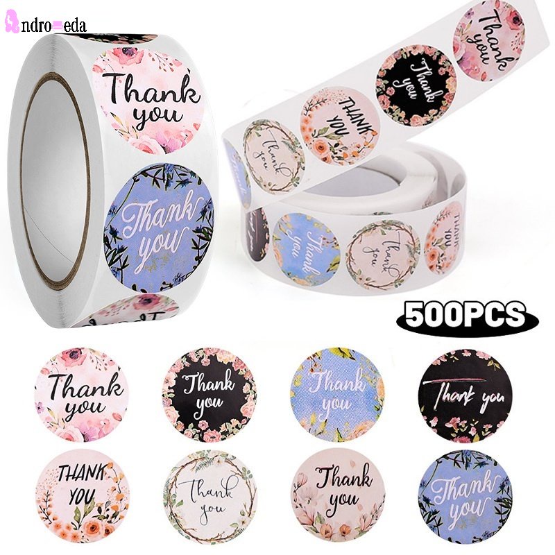 Cuộn 500 Nhãn Dán Thank You Tự Dính Họa Tiết Hoa Tròn 8 Phong Cách Trang Trí Đa Ứng Dụng