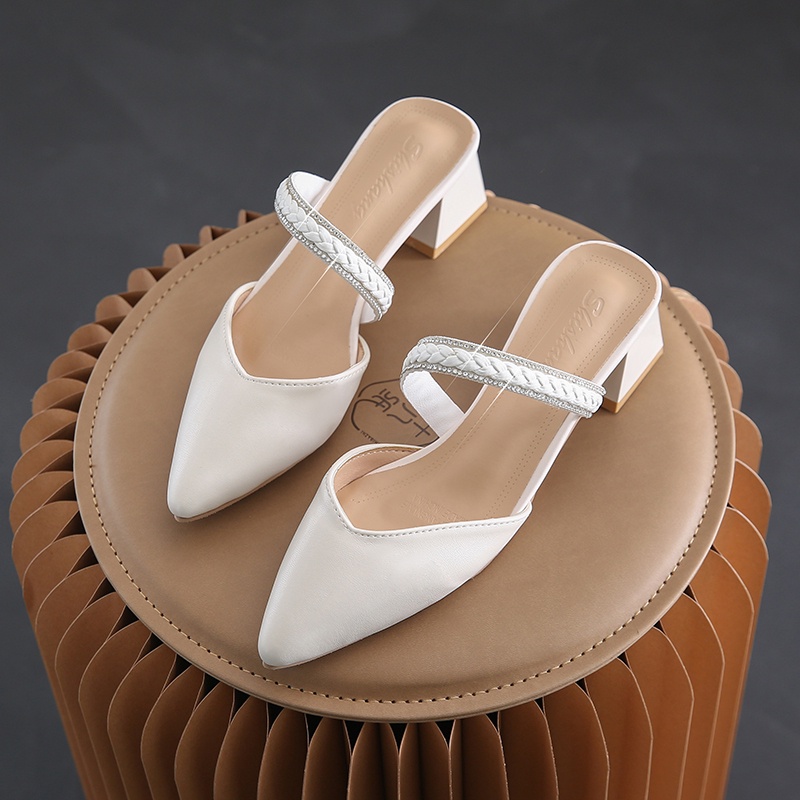 Giày Gót Thấp Mũi Nhọn Bằng Da Cho Nữ